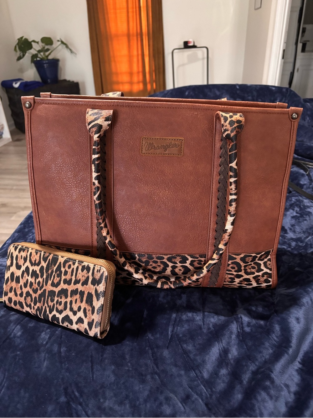 Wrangler Brown Tote with Leopard-Print Accents and Matching Wallet